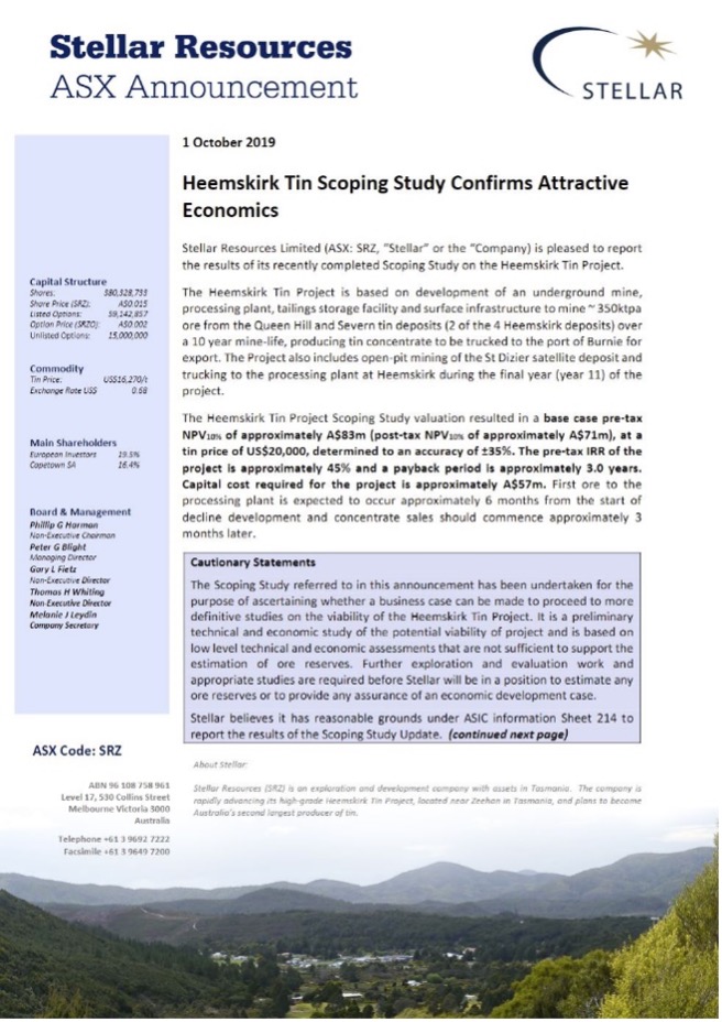 Heemskirk Tin Project Scoping Study (2019), Stellar Resources Limited (ASX:SRZ)